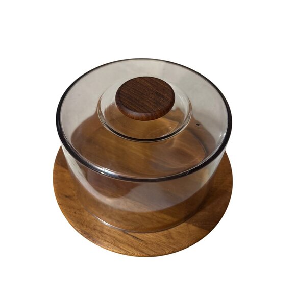 Vintage Luthje Teak & Acrylic Cheese Dome With Wood Base & Handle - Picture 2 of 8
